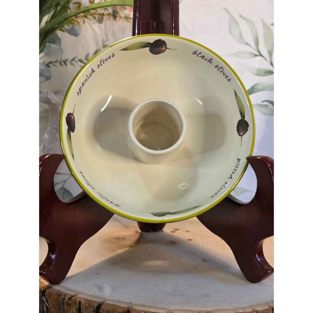 😎Liddy Stoneware Olive Serving Bowl‎ with Center Toothpick Holder Purple Cream
